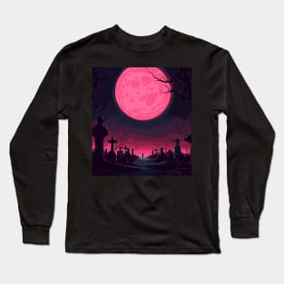 Nighttime Melancholy Under the Pink Full Moon Long Sleeve T-Shirt